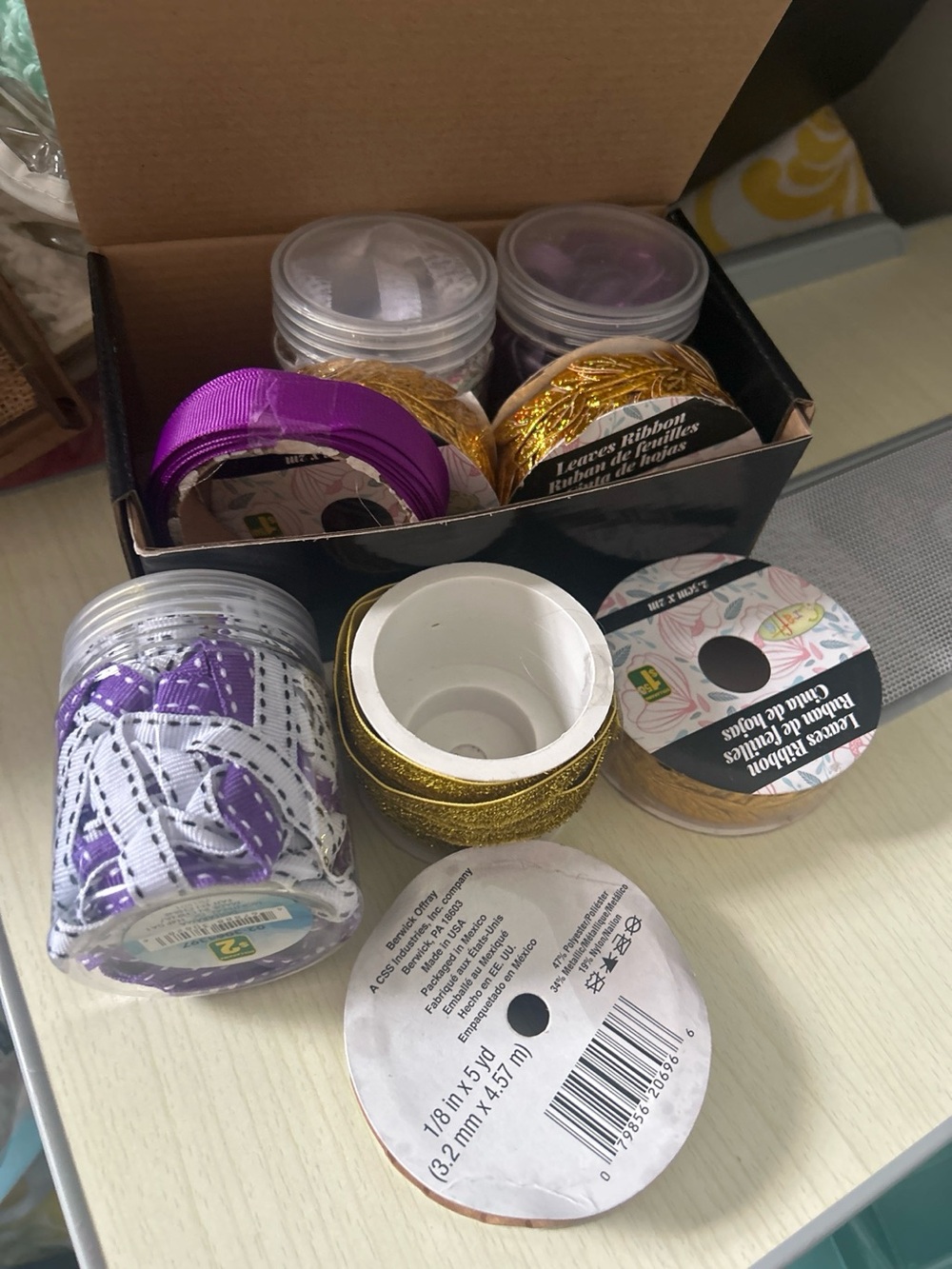Craft Ribbon Lot — 8+ Spools (Gold, Purple, Metallic)